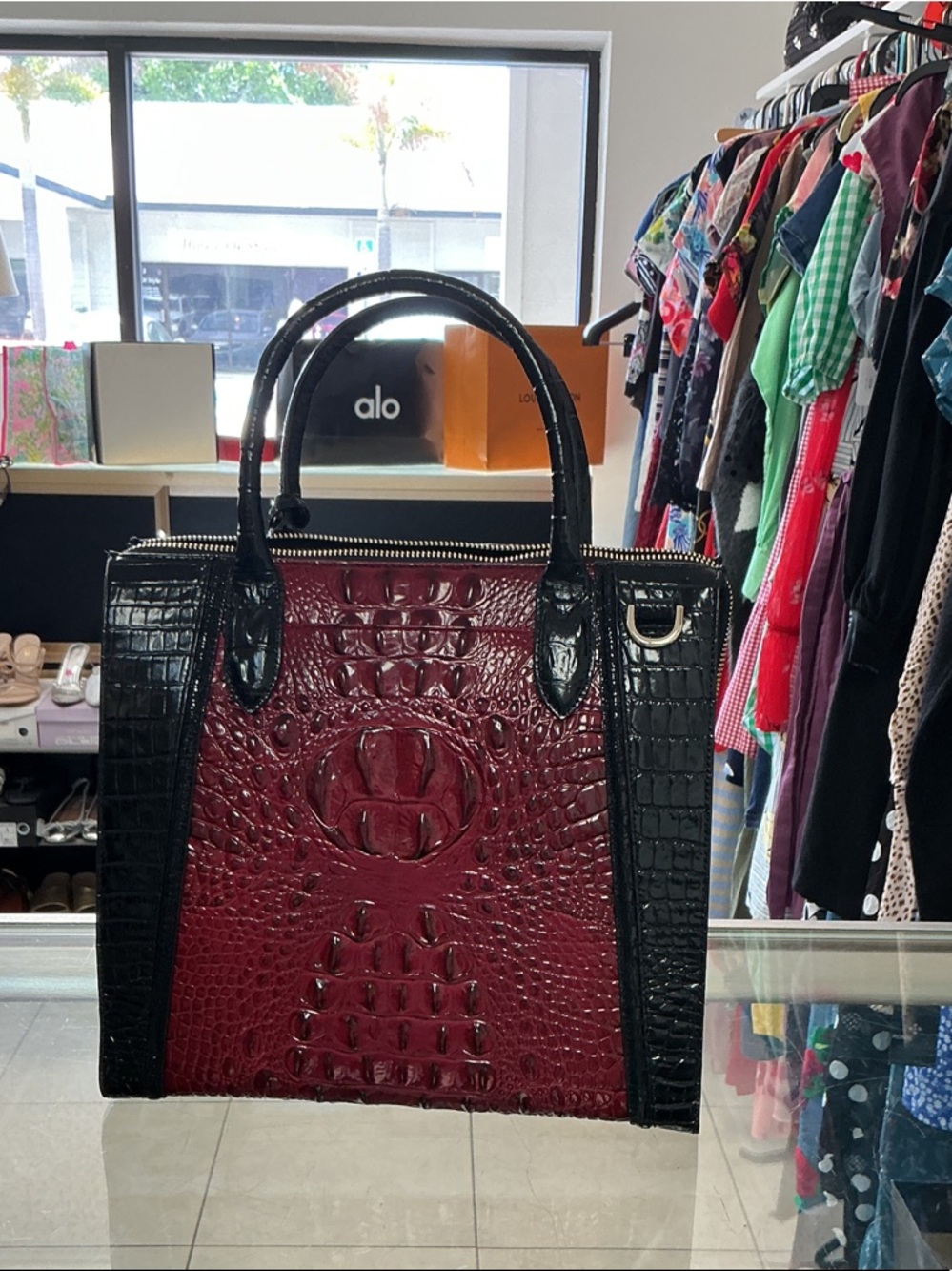 Brahmin Black and Burgundy Croc-Embossed Leather Tote with Charm - Picture 2 of 4